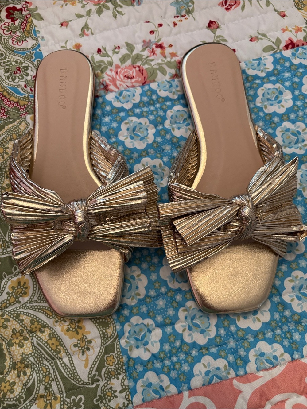 BAMBOO Metallic Gold Knotted Bow Slide Mules
